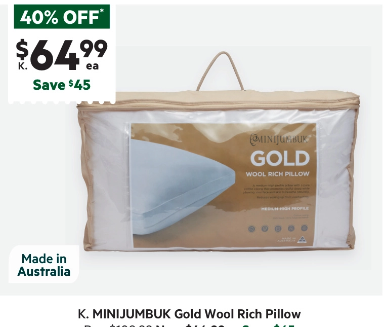 MiniJumbuk Gold Wool Pillow Medium/High Profile Standard