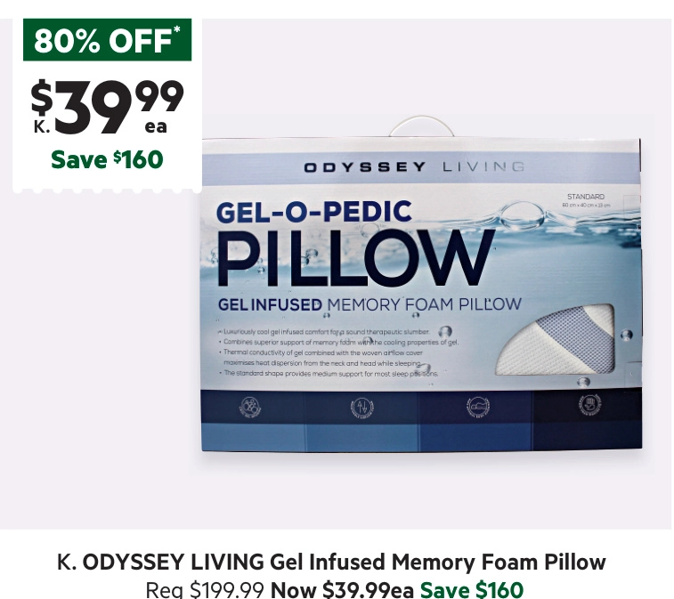 Odyssey Living Gel Infused Memory Foam Pillow Standard Standard