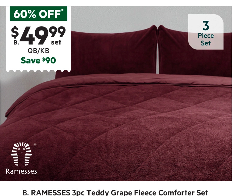 RAMESSES 3pc Teddy Grape Fleece Comforter Set QB/KB