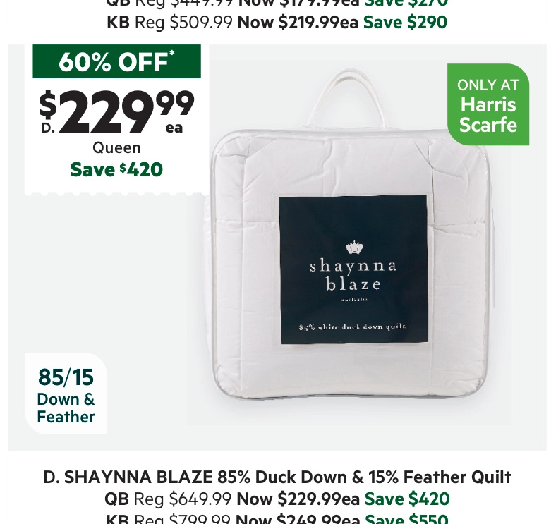 Shaynna Blaze 85/15 White Duck Down Quilt