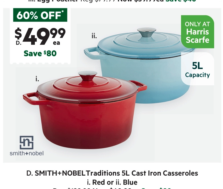 Smith + Nobel Traditions 5L Cast Iron Casserole Pot Red