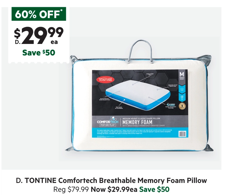 Tontine Comfortech Breathable Memory Foam Pillow Medium Standard