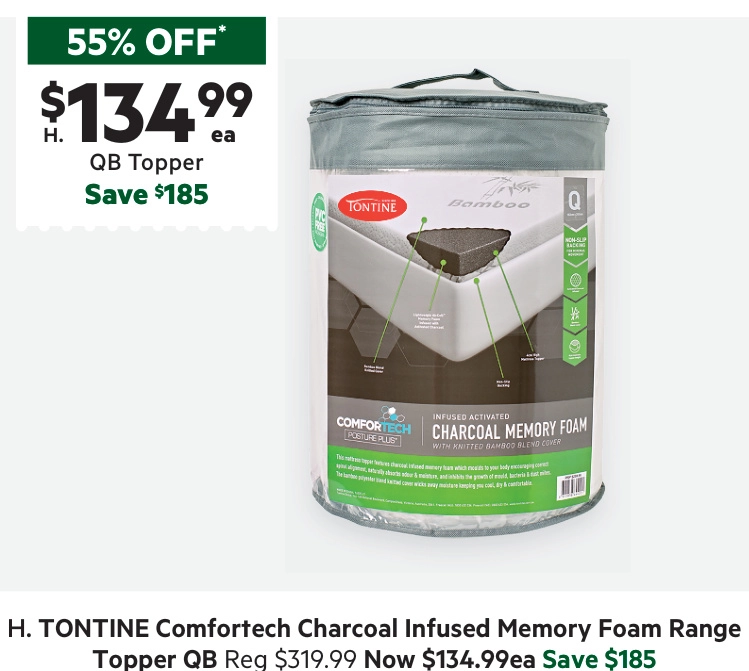 Tontine Comfortech Charcoal Infused Memory Foam Topper Queen