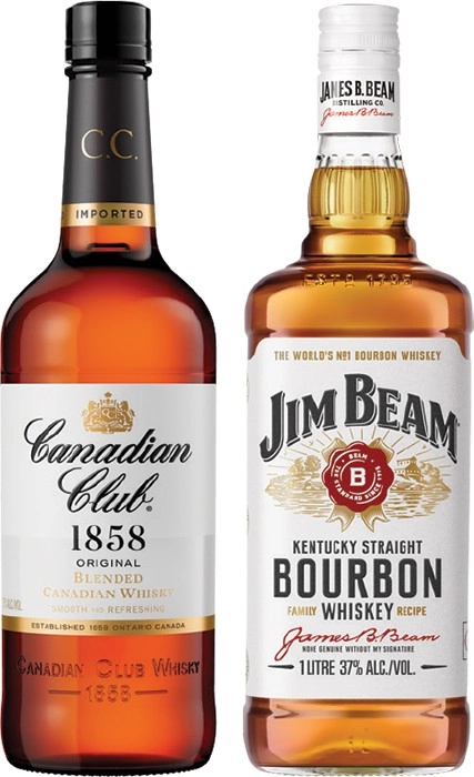 Canadian Club Whisky or Jim Beam White Label Bourbon 1 Litre