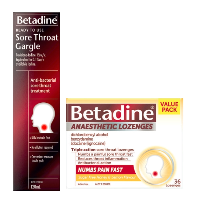 Betadine Ready To Use 120ml or Sore Throat Anaesthetic Honey & Lemon 36 Lozenges