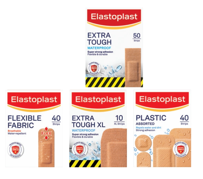 Elastoplast Extra Tough Waterproof Strips 50 Pack, Flexible Fabric Strips 40 Pack, Extra Tough Waterproof XL 10 Strips or Plastic 40 Assorted