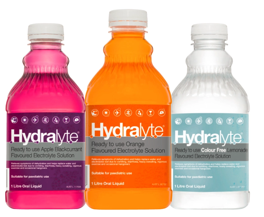 Hydralyte Ready to Use Electrolyte Solution Apple Blackcurrant, Orange or Colour Free Lemonade Flavour 1 Litre