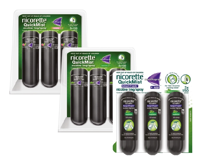 Nicorette Quick Mist Berry, Mint or SmartTrack Mint Triple 3x150 Sprays Exclusive Size