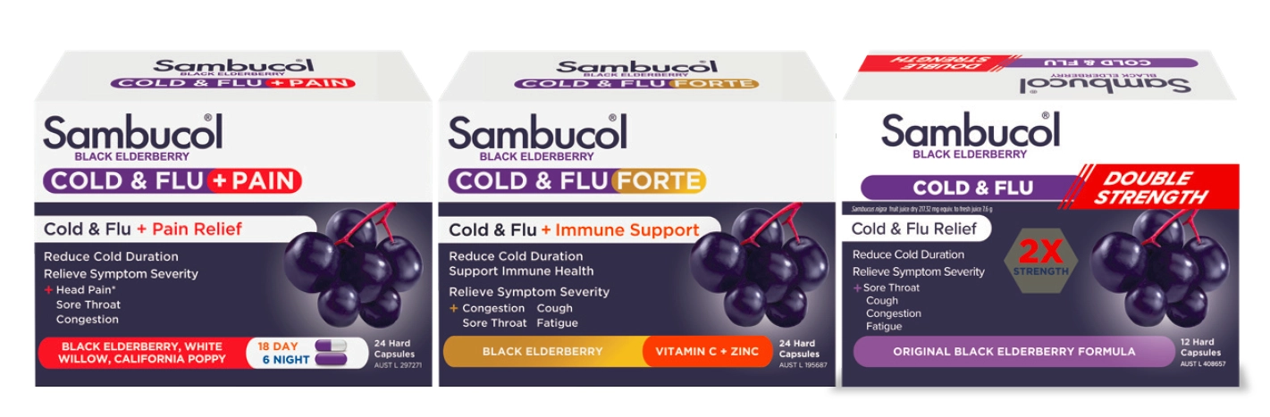 Sambucol Cold & Flu + Pain Relief, Forte 24 Capsules or Double Strength 12 Capsules