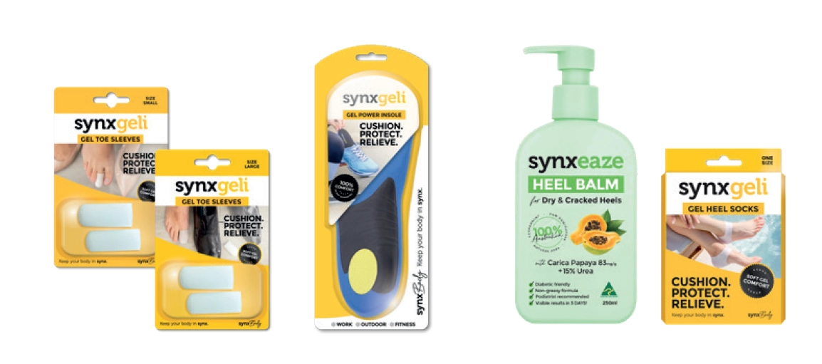 Synxgeli Toe Sleeves Small Or Large, Power Insoles Assorted Sizes, Heel Balm 250ml Pump or Heel Socks