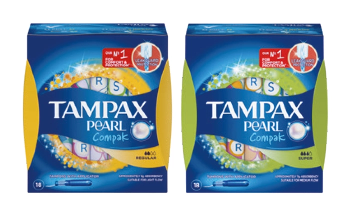 Tampax Pearl Compak Regular or Super 18 Pack