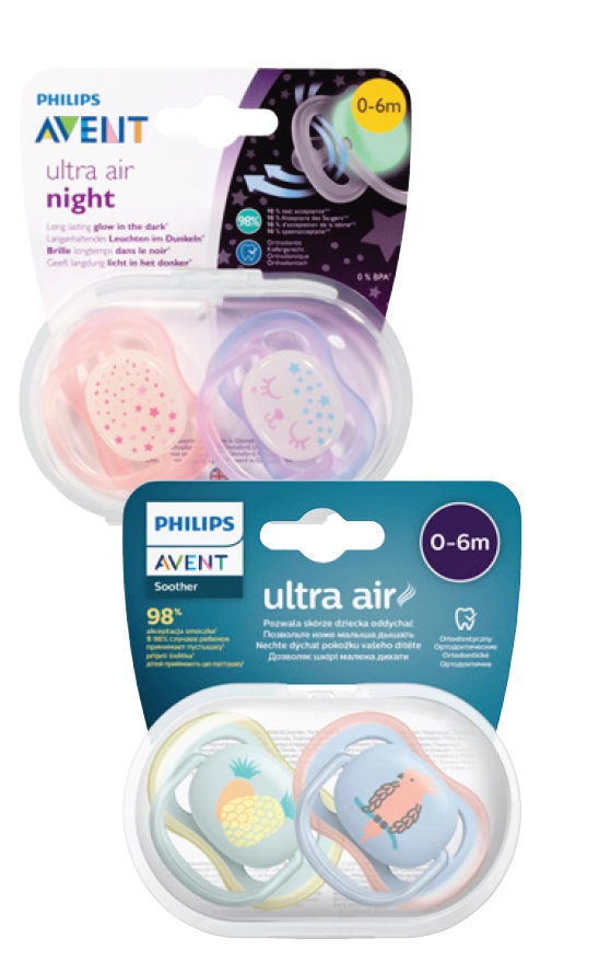 Avent Soother Night Time 0-6 Months or Ultra Air Soother 0-6 Months Deco Mixed 2 pack