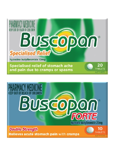 Buscopan 10mg 20 tablets or Forte 20mg 10 tablets