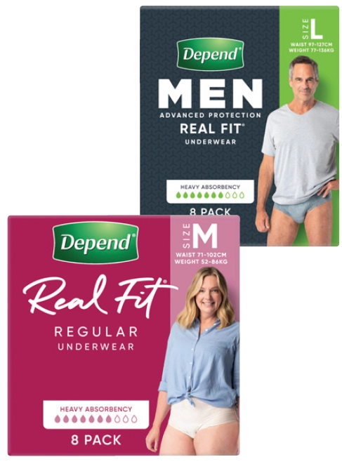 Depend Underwear RealFit Female Medium 8 pack or Male Large 8 pack