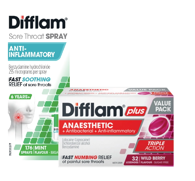 Difflam Sore Throat Spray 176 Sprays 30ml or Plus Anaesthetic Triple Action Wild Berry 32 Lozenges