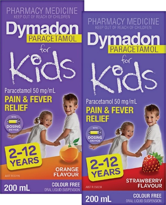 Dymadon Paracetamol for Kids 2-12 Years Orange or Strawberry Flavour 200mL