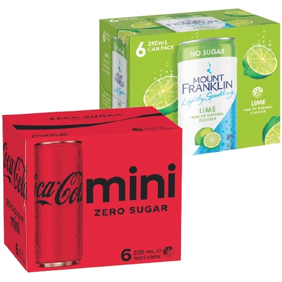 Coca-Cola Classic, Zero Sugar or Diet Soft Drink Varieties or Mount Franklin Lightly Sparkling 6 x 250ml