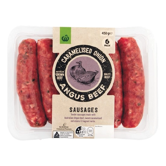 Woolworths Angus Beef & Caramelised Onion Sausages 450g