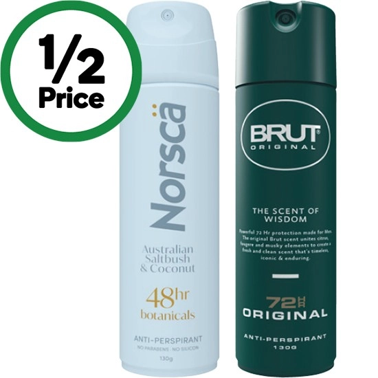 Norsca Australian Series Deodorant or Brut 72 Hour Antiperspirant Deodorant 130g