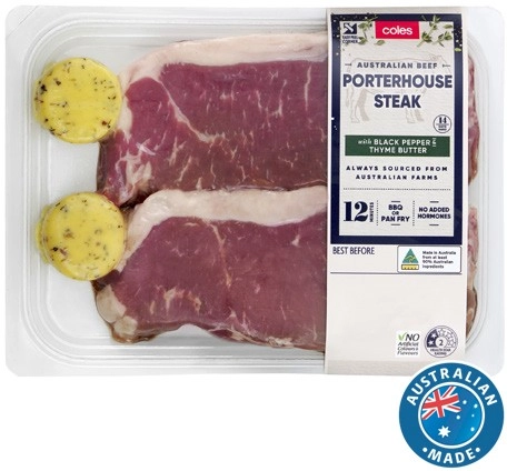 Coles Australian No Added Hormones Beef Porterhouse Steak with Thyme Pepper Butter 500g