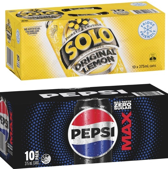 Pepsi, Solo or Schweppes Soft Drink 10x375mL