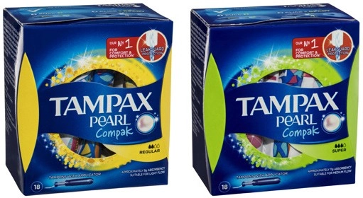 Tampax Compak Pearl Applicator Tampons Regular or Super 18 Pack