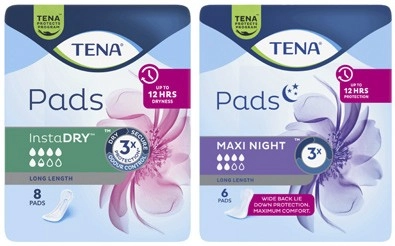 Tena Continence Pads Insta Dry Long Length 8 Pack or Maxi Night Long Length 6 Pack