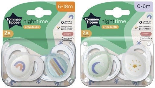 Tommee Tippee Night Time Silicone Soothers 0-6m or 6-18m 2 Pack