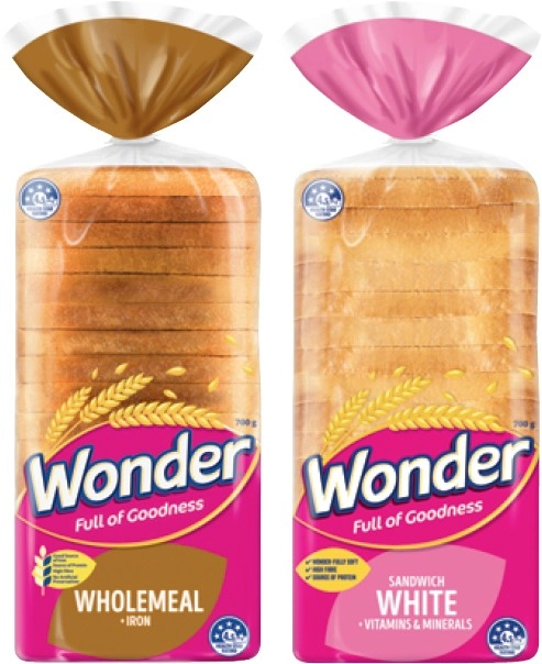 Wonder White or Wholemeal Bread 680-700g Selected Varieties