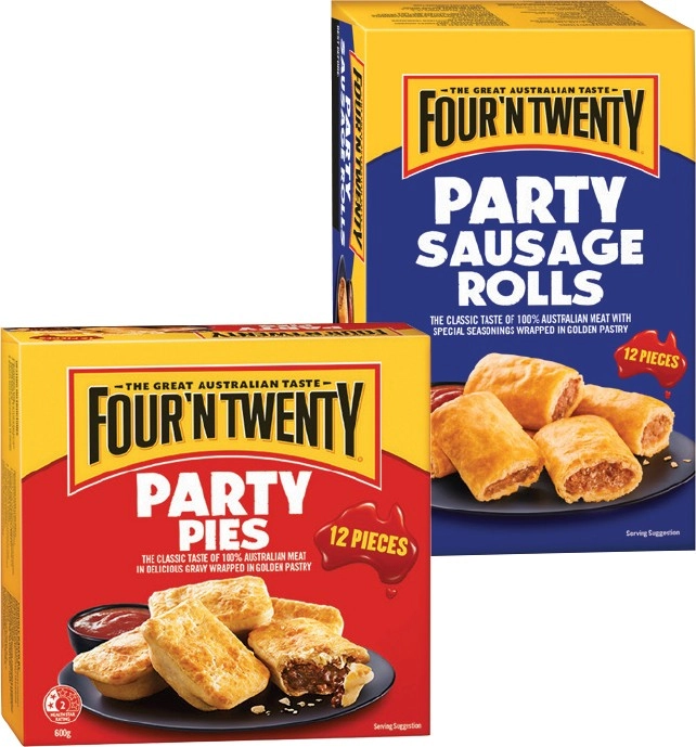 Four'N Twenty Party Pies or Sausage Rolls 12 Pack