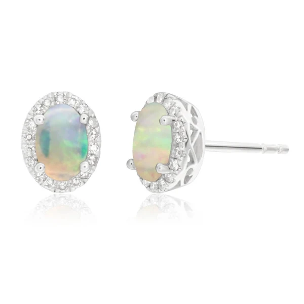 9ct 0.25ct Natural White Gold Opal and Diamond 6x4mm Stud Earrings – Shiels Jewellers