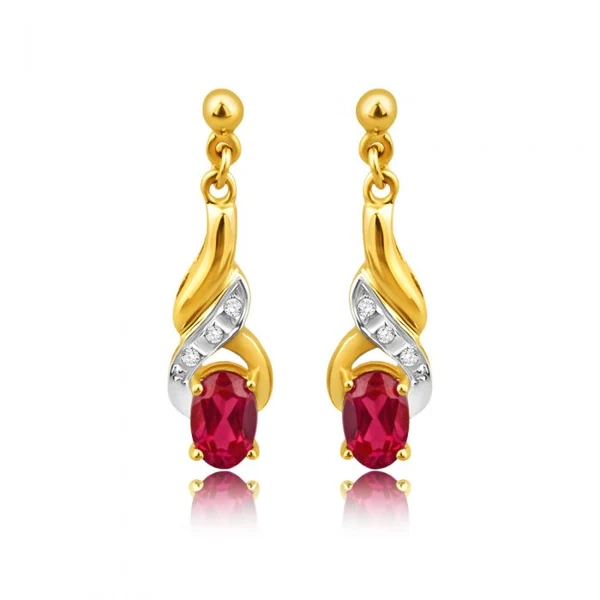 9ct Alluring Yellow Gold Created Ruby + Diamond Drop Earrings – Shiels Jewellers