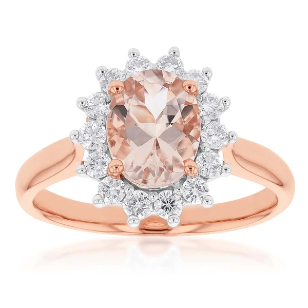 9ct Rose Gold 1.50ct Morganite and 0.50ct Diamond Halo Ring – Shiels Jewellers