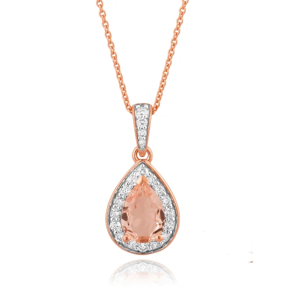 9ct Rose Gold 7x5mm Pear Morganite and 0.15 ct Diamond Pendant with 45 – Shiels Jewellers