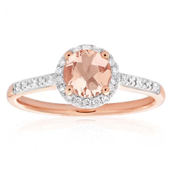 9ct Rose Gold Morganite 6mm and Diamond Halo 0.14ct Ring – Shiels Jewellers