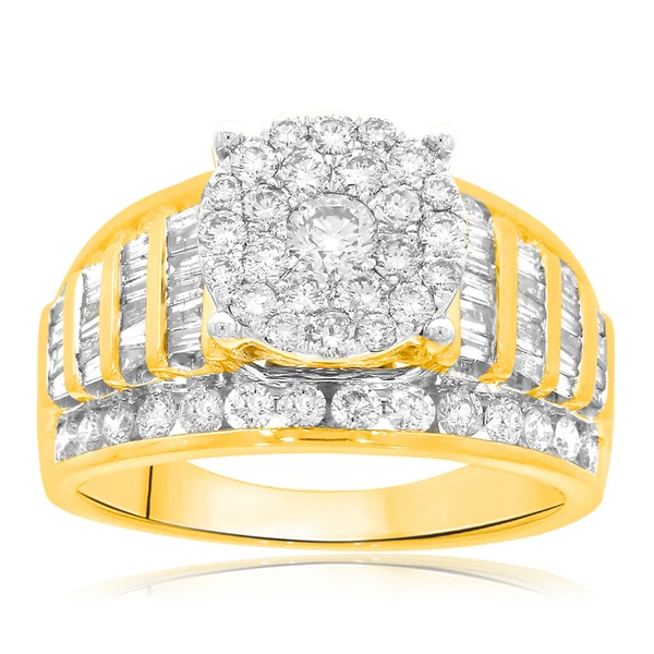 9ct Yellow Gold 2 Carat Diamond Ring set with 53 Brilliant and 44 Tape – Shiels Jewellers