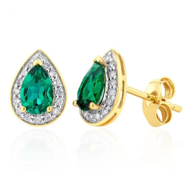 9ct Yellow Gold 6x4mm Created Emerald and Diamond Pear Halo Stud Earri – Shiels Jewellers