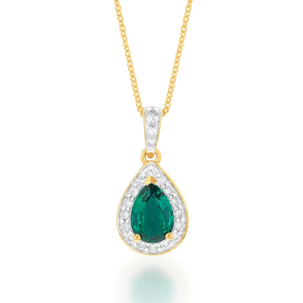 9ct Yellow Gold 7x5mm Created Emerald and Diamond Pear Halo Pendant on – Shiels Jewellers