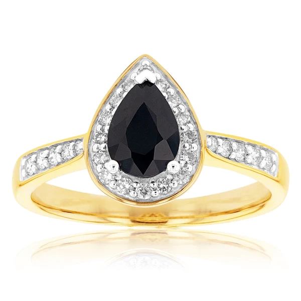 9ct Yellow Gold 7x5mm Natural Sapphire and Diamond Pear Halo Ring – Shiels Jewellers