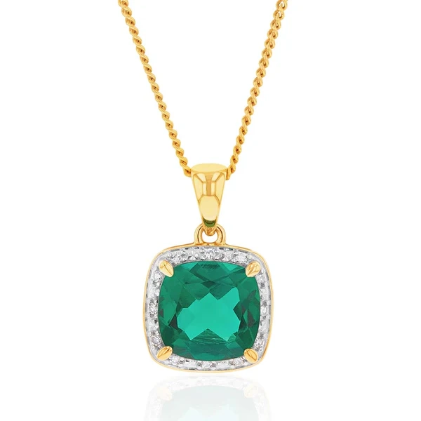 9ct Yellow Gold 8mm Created Emerald and Diamond Cushion Cut Pendant – Shiels Jewellers