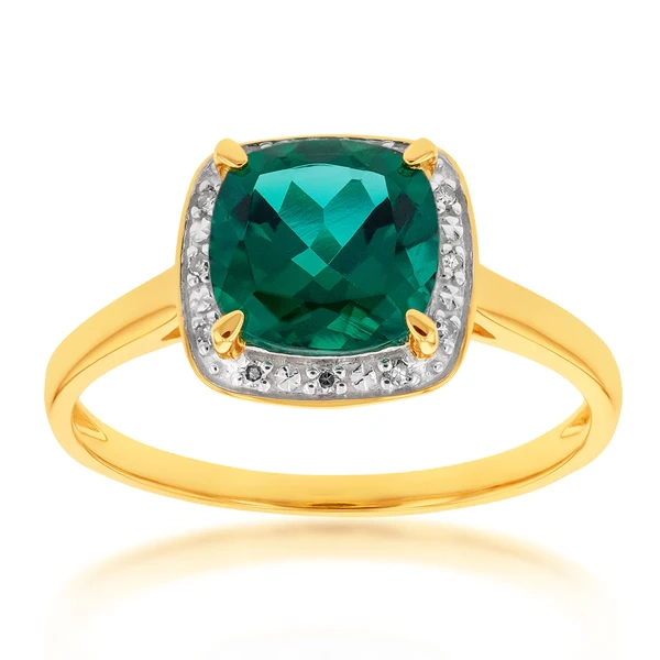 9ct Yellow Gold 8mm Created Emerald and Diamond Cushion Cut Ring – Shiels Jewellers