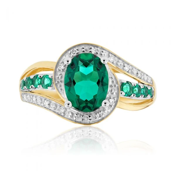 9ct Yellow Gold 8x6mm Created Emerald and Diamond Ring – Shiels Jewellers