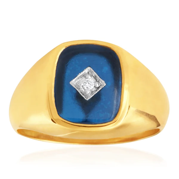 9ct Yellow Gold Created Blue Spinel & Diamond Gents Ring (No Resize) – Shiels Jewellers