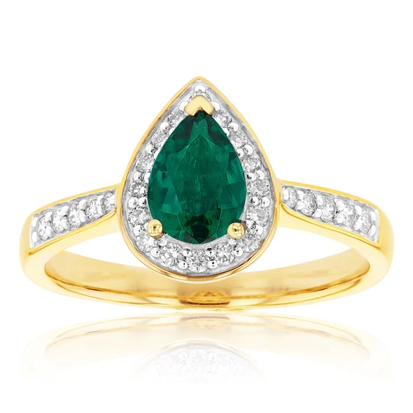 9ct Yellow Gold Created Emerald and Diamond Pear Halo Ring – Shiels Jewellers