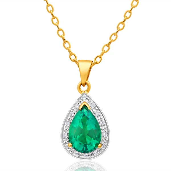 9ct Yellow Gold Created Emerald and Diamond Pendant – Shiels Jewellers