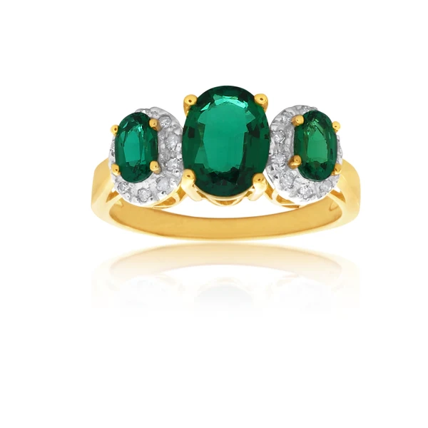 9ct Yellow Gold Created Emerald & Diamond Trilogy Ring – Shiels Jewellers