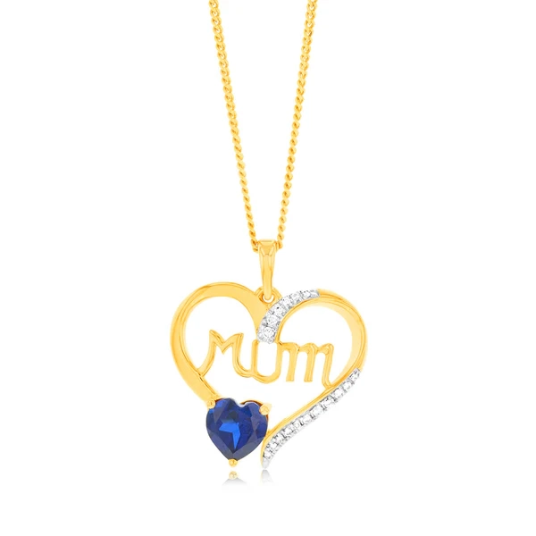 9ct Yellow Gold Created Heart Sapphire And Diamond Mum Heart Pendant – Shiels Jewellers