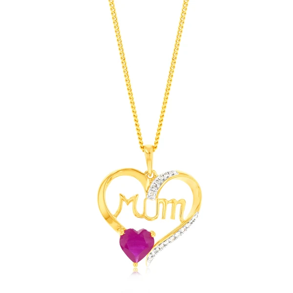 9ct Yellow Gold Created Round Ruby Mum Heart Pendant – Shiels Jewellers