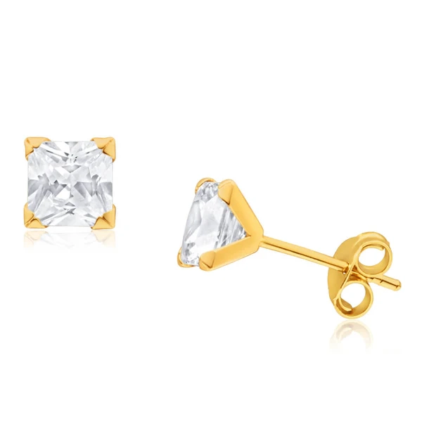 9ct Yellow Gold Cubic Zirconia 5mm Princess Cut Stud Earrings – Shiels Jewellers