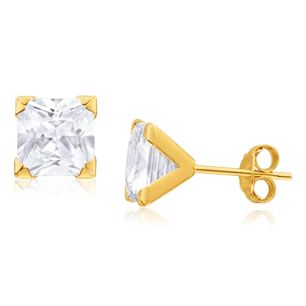 9ct Yellow Gold Cubic Zirconia 7mm Princess Cut Stud Earrings – Shiels Jewellers